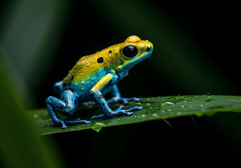 Vibrant blue and yellow frog on a leaf in a rainforest.
