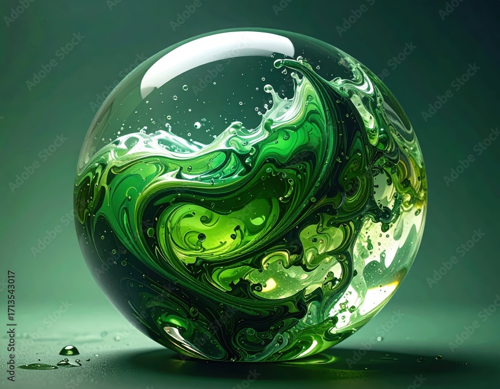 Poster intricate green swirl pattern inside a transparent sphere on background