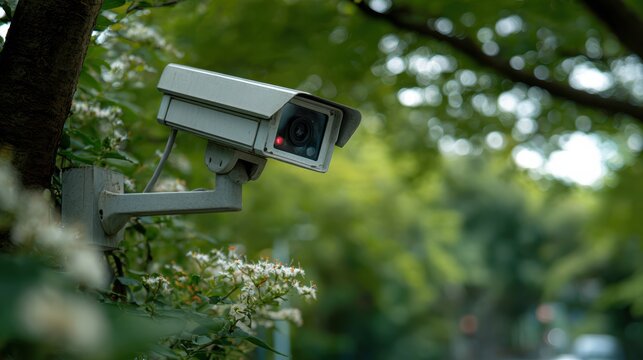 A surveillance camera installed amidst lush greenery, highlighting security measures in urban settings.