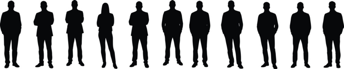 Business people silhouette group standing together, teamwork concept, professional men and women in suit, corporate leadership, office collaboration illustration