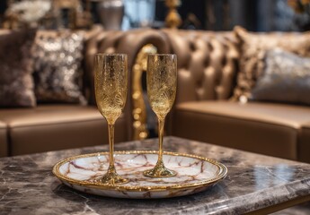 Gold Champagne Flutes on Marble Tray in Luxurious Setting