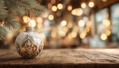 Gold Christmas Ornament on Rustic Wood with Warm Lights