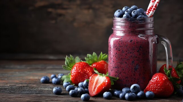 A vibrant berry smoothie in a mason jar, surrounded by fresh strawberries and blueberries, perfect for a healthy treat.