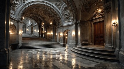 Obraz premium Ornate Grand Hallway Interior with Architectural Details and Marble Flooring