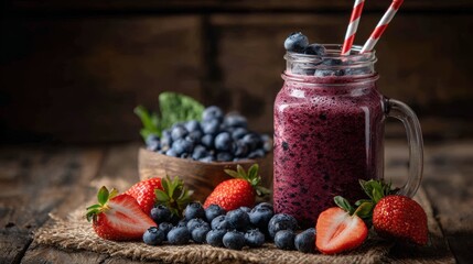 A vibrant smoothie made with fresh blueberries and strawberries in a mason jar, perfect for healthy living.
