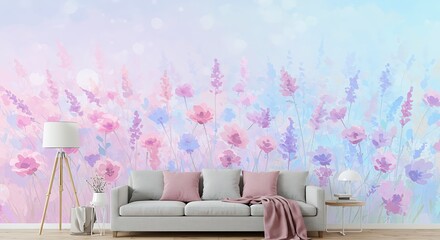 Pastel Floral Interior: Serene Living Room with Watercolor Flowers