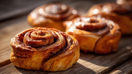 Golden Brown Cinnamon Rolls on Rustic Wood