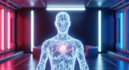 Futuristic Humanoid Robot with Holographic Blue Grid Pattern in Modern Corridor