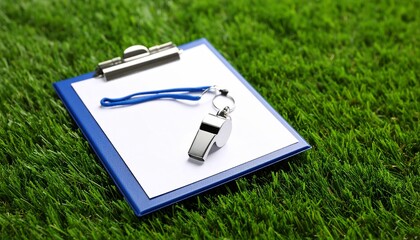 Coachs clipboard and whistle lying on a green grass sports field.