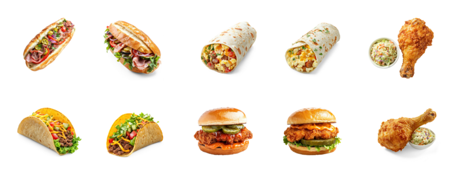 A variety of fast food items, including sandwiches, burritos, tacos, and chicken wings.