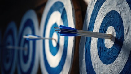 Three arrows hit a blue and white target bullseye, wood grain visible.  A line of other targets blur into the background. Depth of field is shallow
