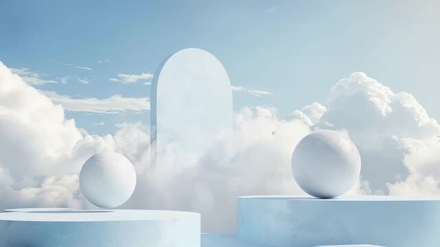 Ethereal Clouds and Minimalist White Eggs Surrounded by Dreamy Atmosphere and Soft Blue Skies