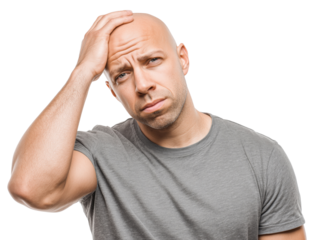 Worried bald man in gray shirt holding head in hand showing stress and fatigue, isolated on transparent background