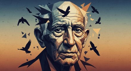 An elderly mans portrait with birds flying around his head, symbolizing freedom and the passage of time in a digital art style