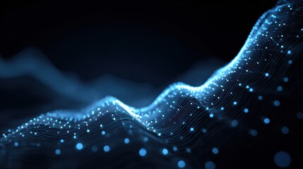 Abstract digital wave formed by glowing particles and lines creating a futuristic background.