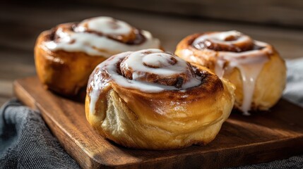 Golden Brown Cinnamon Rolls with Creamy Glaze on Wooden Board