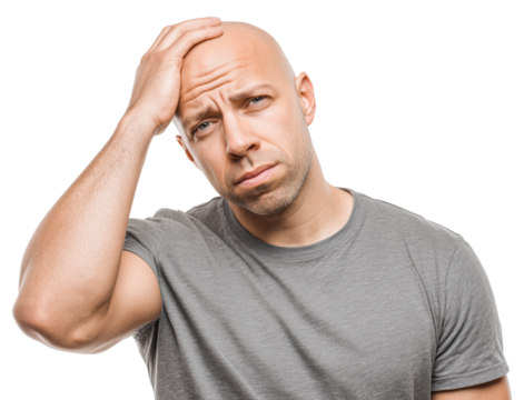 Worried bald man in gray shirt holding head in hand showing stress and fatigue, isolated on transparent background