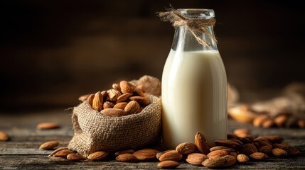 Aesthetic almond milk bottle next to scattered almonds in a burlap bag, captures rustic, healthy lifestyle vibes.