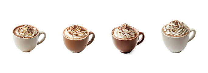 Four mugs of hot chocolate with whipped cream and chocolate shavings on a white background.