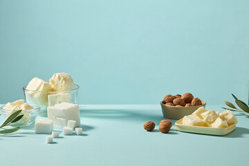 Front view of creamy shea butter and shea nuts on pastel blue background, balanced negative space...