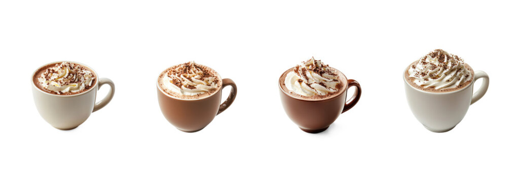 Four mugs of hot chocolate with whipped cream and chocolate shavings on a white background. - Powered by Adobe
