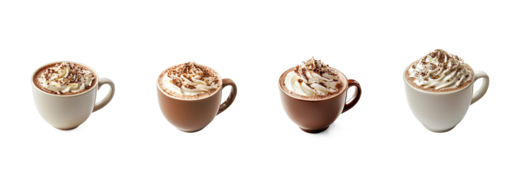 Four mugs of hot chocolate with whipped cream and chocolate shavings on a white background.