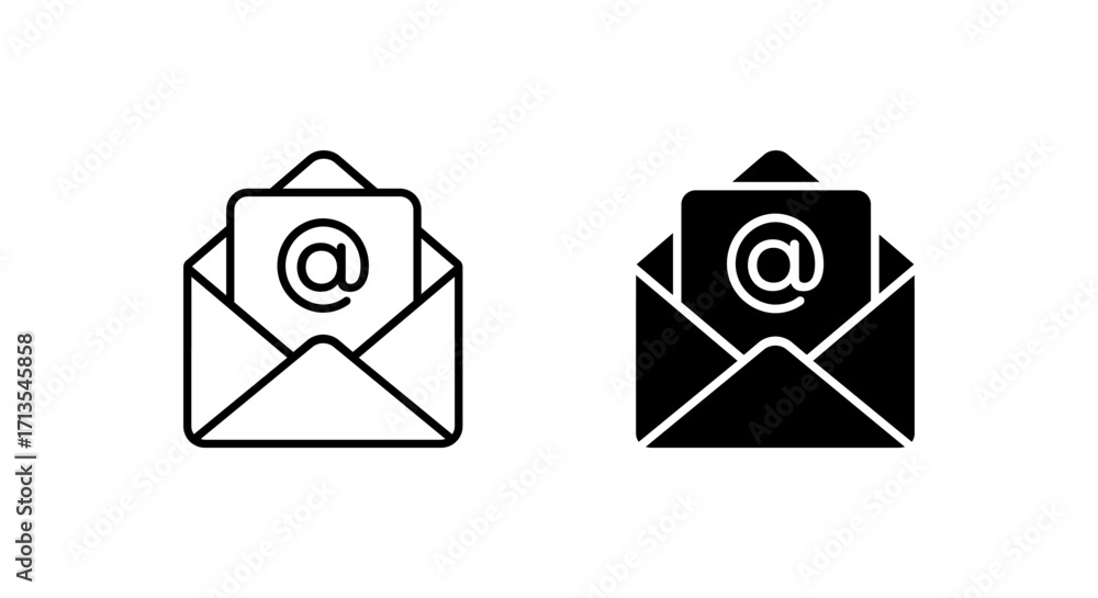 Poster email and mail envelope icon. open letter with mention sign symbol for inbox and communication