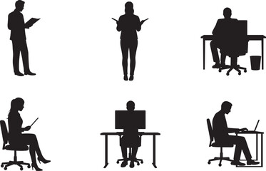 Silhouette of business people working at office desk, reading documents, using computer, professional teamwork concept, corporate workplace illustration