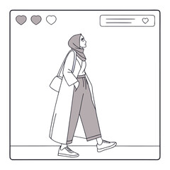 Minimalist line art vector of a young Muslim woman in hijab walking with casual fashion style, wearing coat, pants and sneakers, modern lifestyle concept illustration