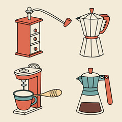 Collection of coffee equipment vector illustration including moka pot, grinder, espresso machine and brewing pot in retro hand drawn style, perfect for cafe design and decoration