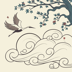 Elegant Asian style vector of a flying crane bird with decorative clouds, tree branch and flowers, traditional oriental design suitable for patterns, prints and cultural artwork.