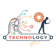 Vector illustration of modern technology concept featuring human head with circuits, cogwheel, and man using laptop, symbolizing innovation, artificial intelligence and digital development