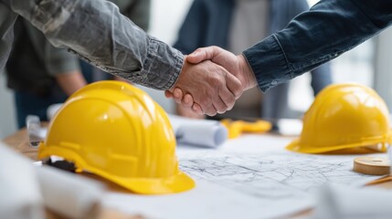 Construction professionals shaking hands over plans, symbolizing collaboration and project success in the industry.