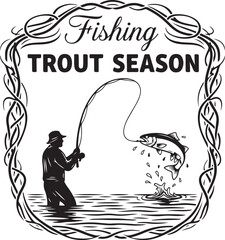 Detailed illustration of fishing equipment and a serene lake scene