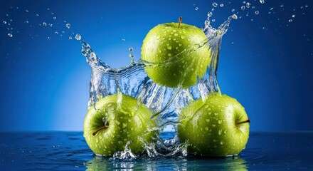 Fresh green apples splashing into water against a blue background, creating a refreshing and vibrant composition