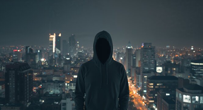 Anonymous Figure Against a Blurred Cityscape at Night A Study in Contrast.