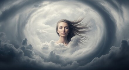 Woman merges with swirling clouds in a surreal sky. Suitable for dreamy, fantasythemed projects needing a mystical touch. Atmospheric, ethereal, captivating landscape visualization.