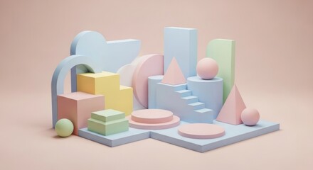 Pastel geometric shapes composition with cubes, spheres, pyramids, stairs, and arches on a soft pink background