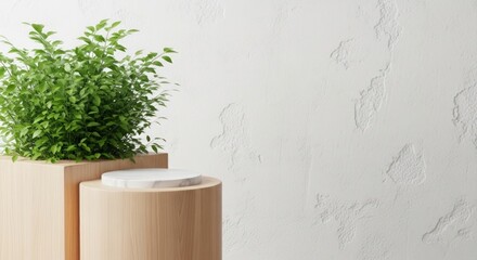 Minimalist product display with a plant on a wooden podium against a textured white wall background