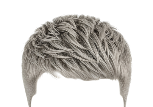 Close-up view of a short, textured hairstyle, showcasing a variety of shades of gray hair.