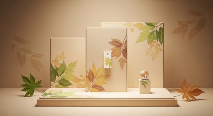 Elegant gift boxes and perfume bottle adorned with maple leaf designs on a beige platform and background
