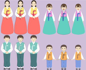 Chuseok, Seollal, traditional Korean holidays, family wearing hanbok, vector image collection