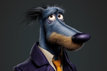Blue Animated Dog Cartoon Character in Professional Outfit &ndash; Stylized Illustration with Playful and Quirky Expression