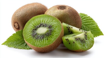 Fototapeta premium Fresh kiwi fruits with vibrant green flesh and leaves, perfect for healthy snacks and culinary creations.