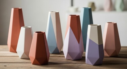 Collection of modern geometric vases in various colors arranged on a wooden surface in a well lit interior setting