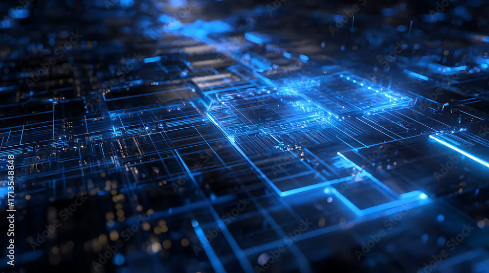 Poster a glowing blue grid forms the intricate pathways of a high-tech microchip interface