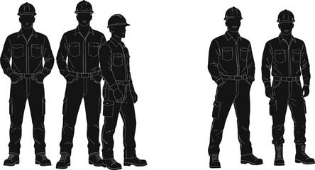 Silhouette construction workers in uniform with helmets, male engineers, builders, industrial labor team, vector illustration, professional occupation, safety and teamwork