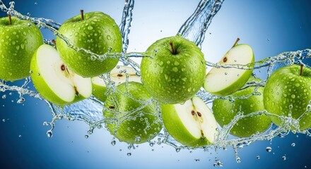 Fresh green apples with water splash on a blue background, showcasing the crispness and juiciness of the fruit