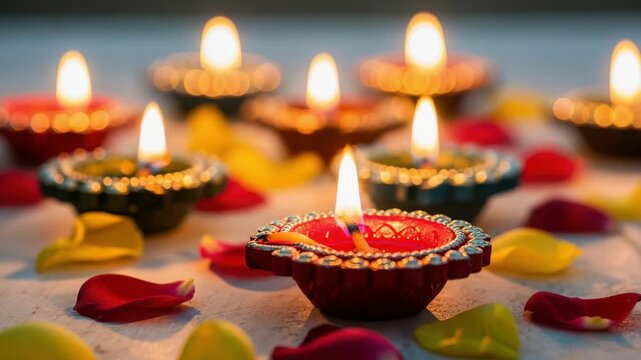 Happy diwali festival of lights with diyas and mandala background