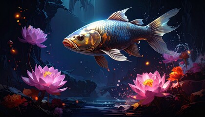 Fantasy Wildlife with Glowing Flowers and Magical Atmosphere